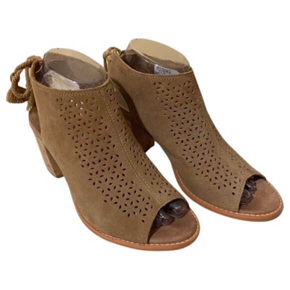 Toms Shoes - TOMS Tan Elba Suede Perforated Peep Toe Heeled Sandal